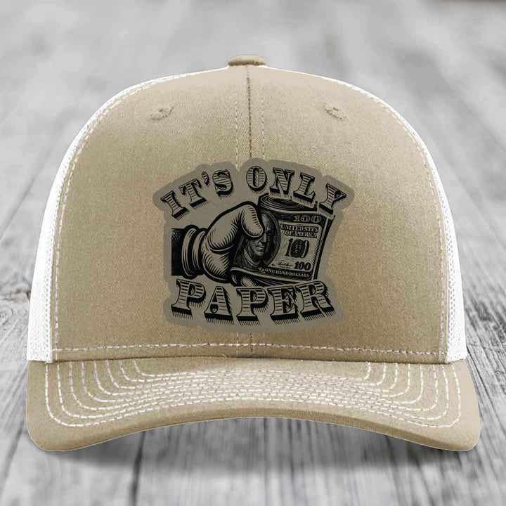 Its Only Paper - Leather Patch Hat - Light Brown to Black Patch - Richardson 112 Snapback Trucker Hat