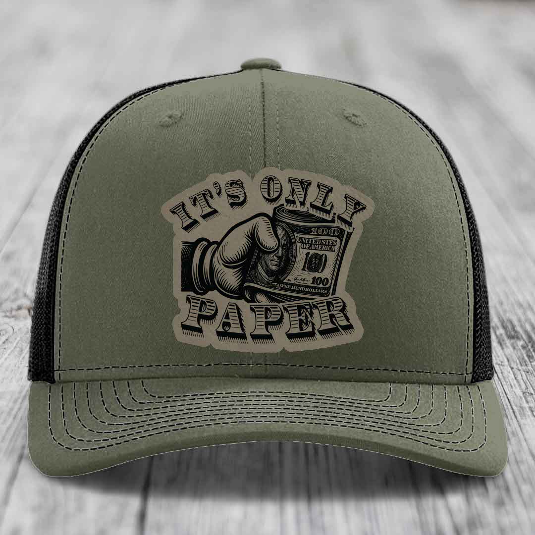 Its Only Paper - Leather Patch Hat - Light Brown to Black Patch - Richardson 112 Snapback Trucker Hat