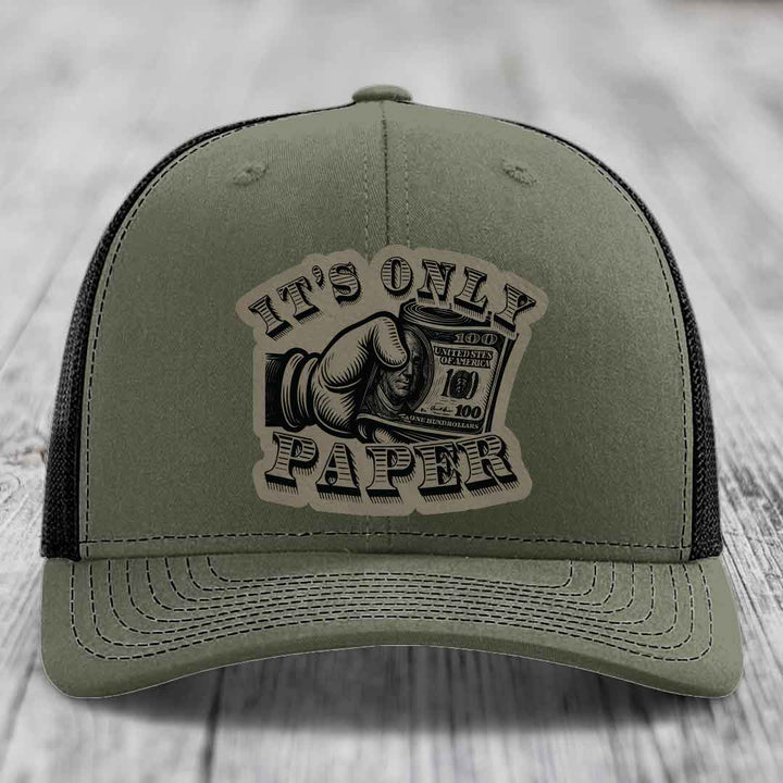 Its Only Paper - Leather Patch Hat - Light Brown to Black Patch - Richardson 112 Snapback Trucker Hat