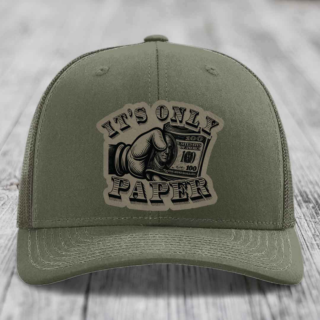 Its Only Paper - Leather Patch Hat - Light Brown to Black Patch - Richardson 112 Snapback Trucker Hat