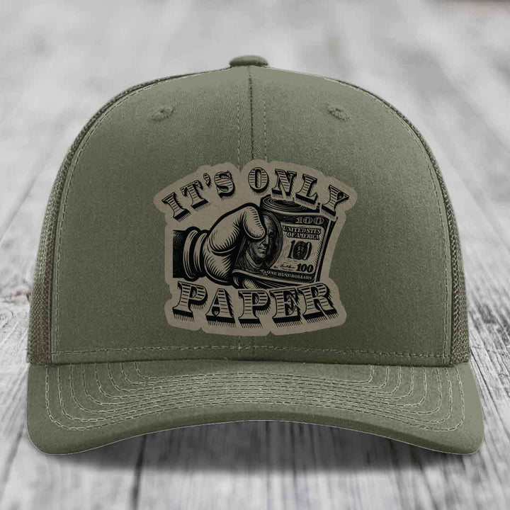 Its Only Paper - Leather Patch Hat - Light Brown to Black Patch - Richardson 112 Snapback Trucker Hat