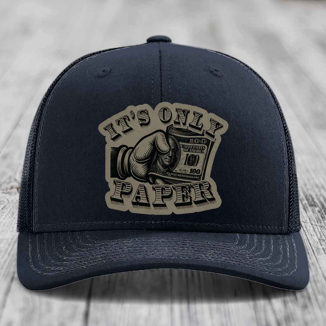 Its Only Paper - Leather Patch Hat - Light Brown to Black Patch - Richardson 112 Snapback Trucker Hat