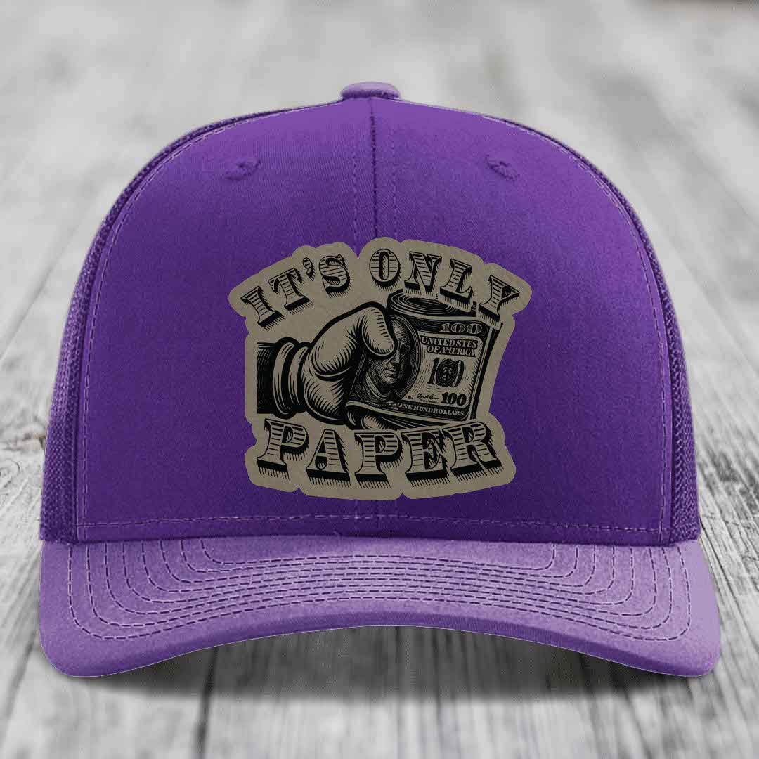 Its Only Paper - Leather Patch Hat - Light Brown to Black Patch - Richardson 112 Snapback Trucker Hat