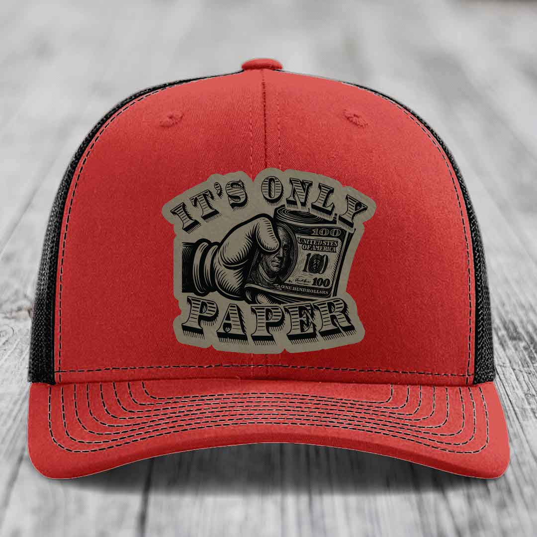 Its Only Paper - Leather Patch Hat - Light Brown to Black Patch - Richardson 112 Snapback Trucker Hat