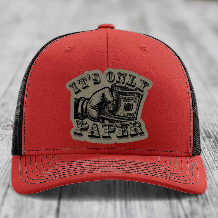 Its Only Paper - Leather Patch Hat - Light Brown to Black Patch - Richardson 112 Snapback Trucker Hat