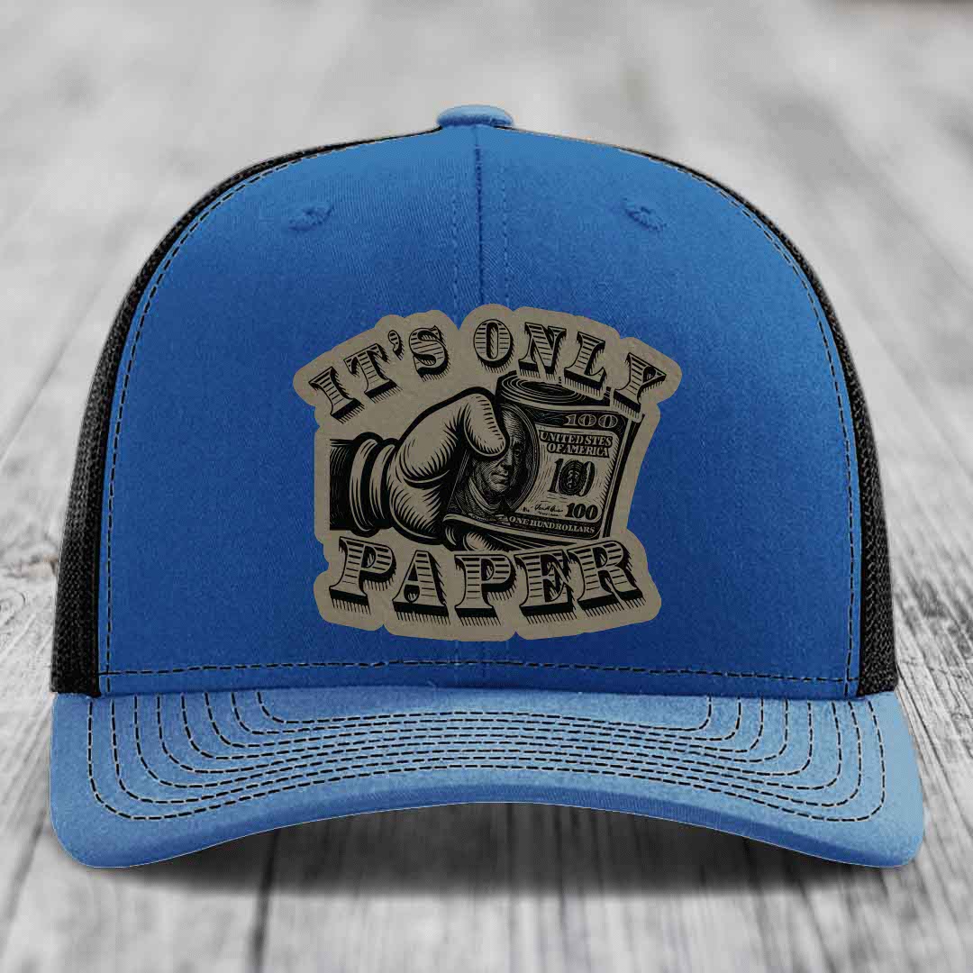Its Only Paper - Leather Patch Hat - Light Brown to Black Patch - Richardson 112 Snapback Trucker Hat