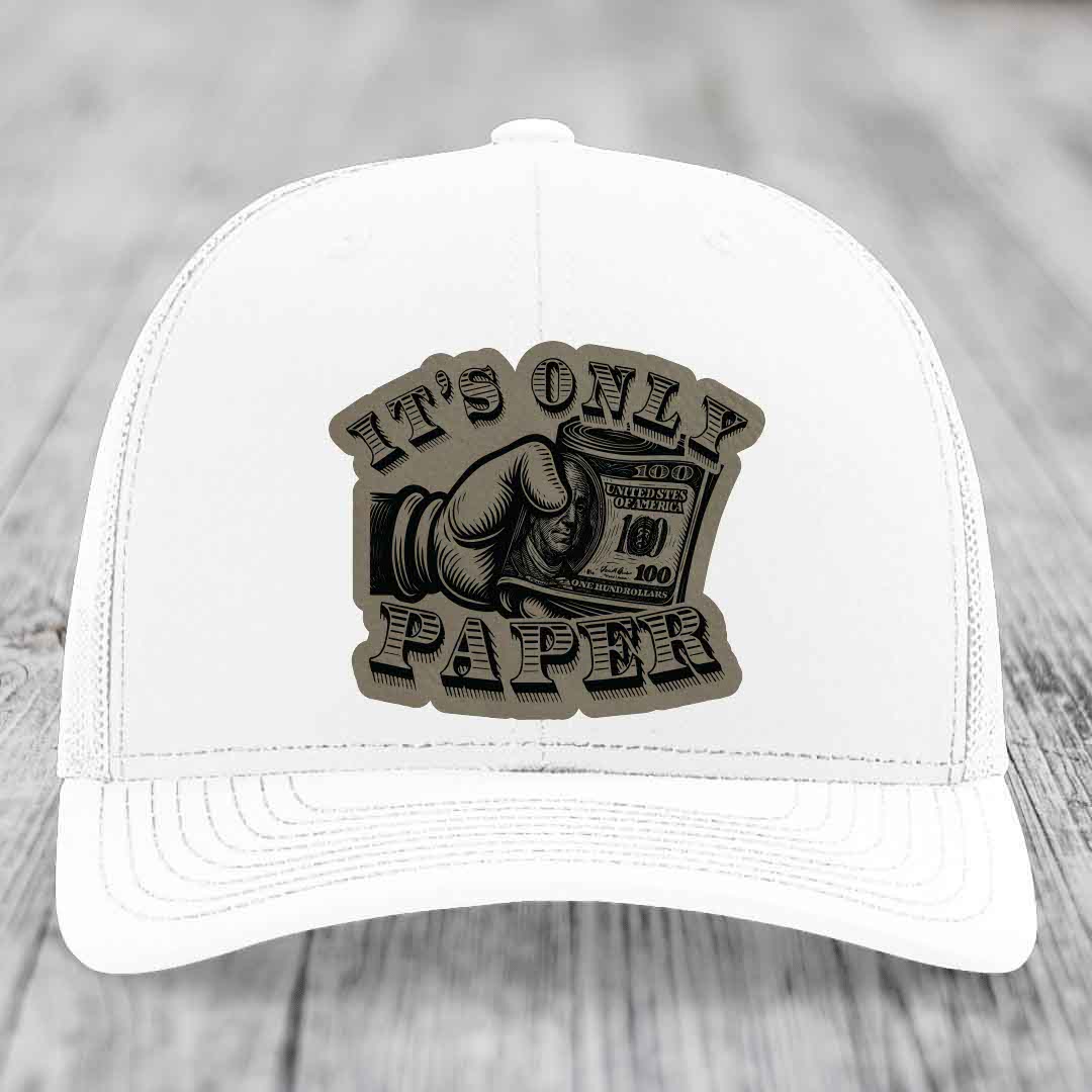 Its Only Paper - Leather Patch Hat - Light Brown to Black Patch - Richardson 112 Snapback Trucker Hat