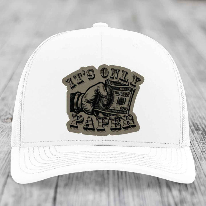 Its Only Paper - Leather Patch Hat - Light Brown to Black Patch - Richardson 112 Snapback Trucker Hat
