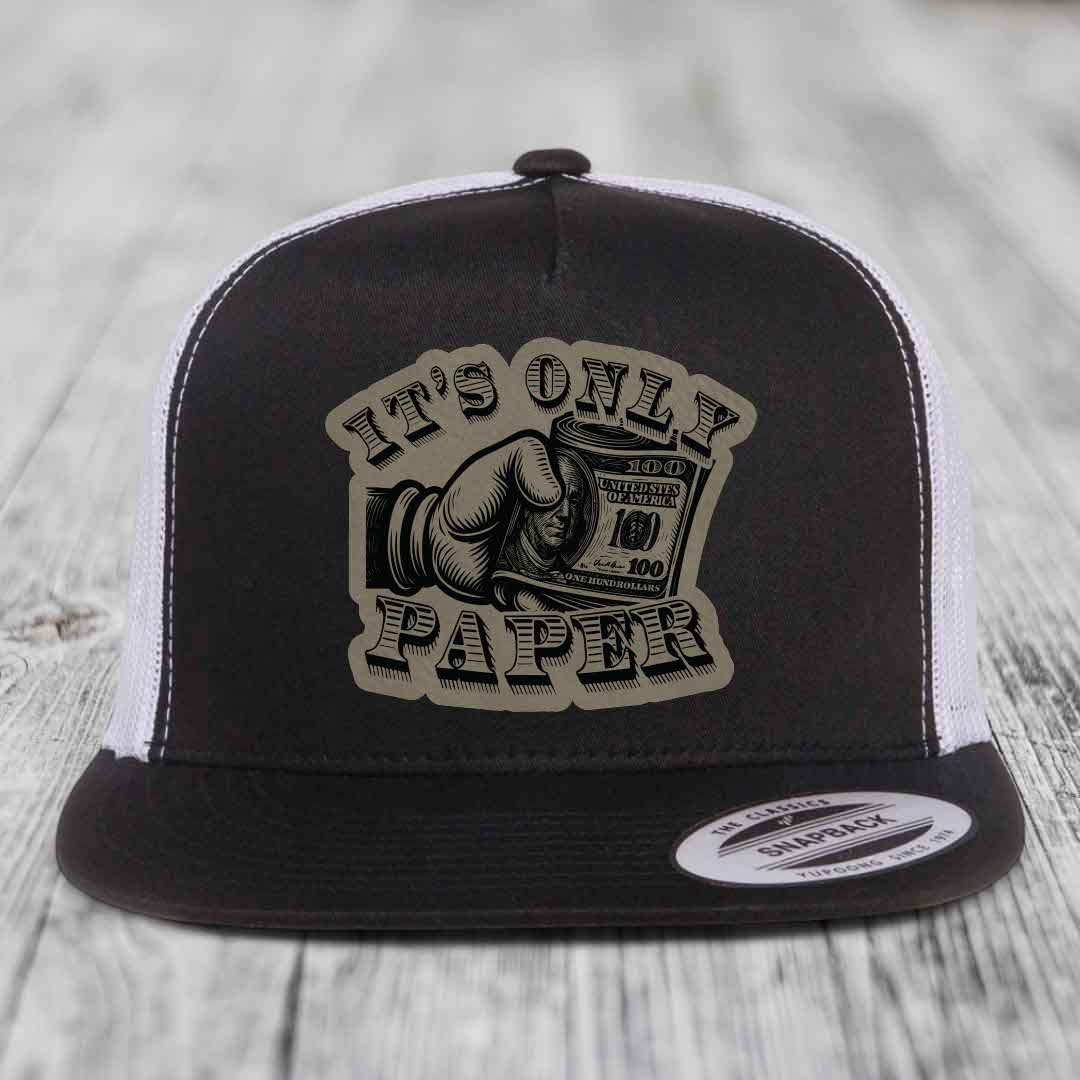 Its Only Paper - Leather Patch Hat - Light Brown to Black Patch - Yupoong 6006 Snapback Flatbill Hat