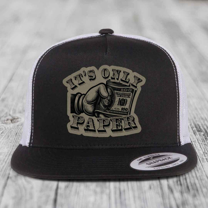 Its Only Paper - Leather Patch Hat - Light Brown to Black Patch - Yupoong 6006 Snapback Flatbill Hat