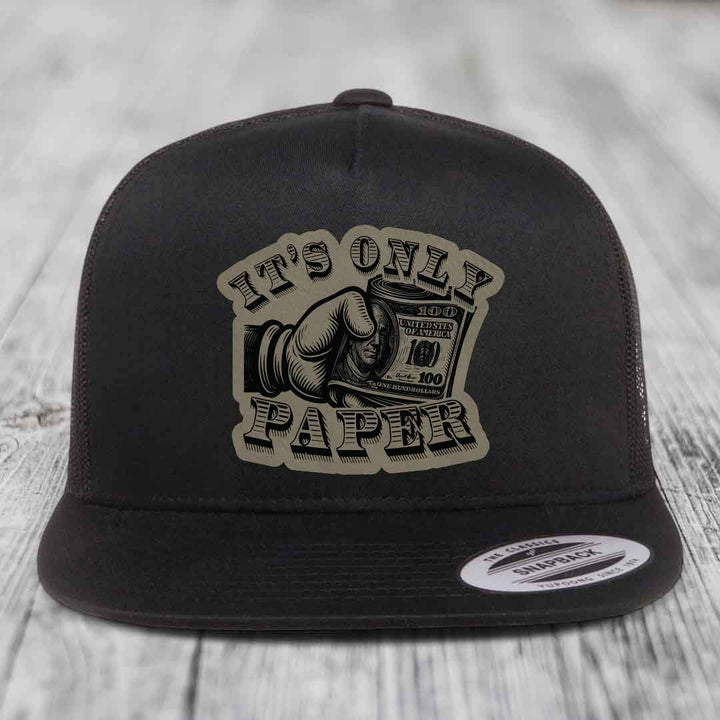 Its Only Paper - Leather Patch Hat - Light Brown to Black Patch - Yupoong 6006 Snapback Flatbill Hat
