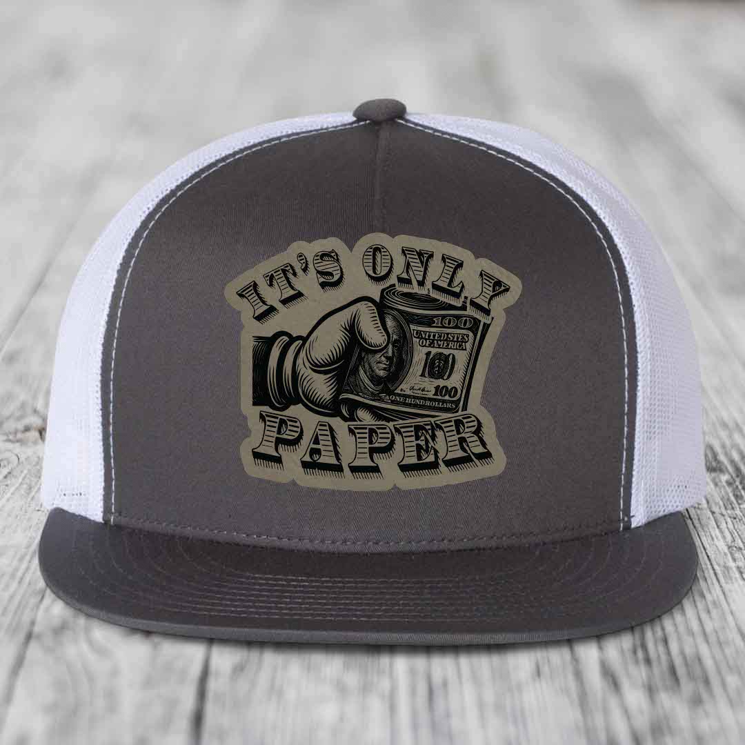 Its Only Paper - Leather Patch Hat - Light Brown to Black Patch - Yupoong 6006 Snapback Flatbill Hat