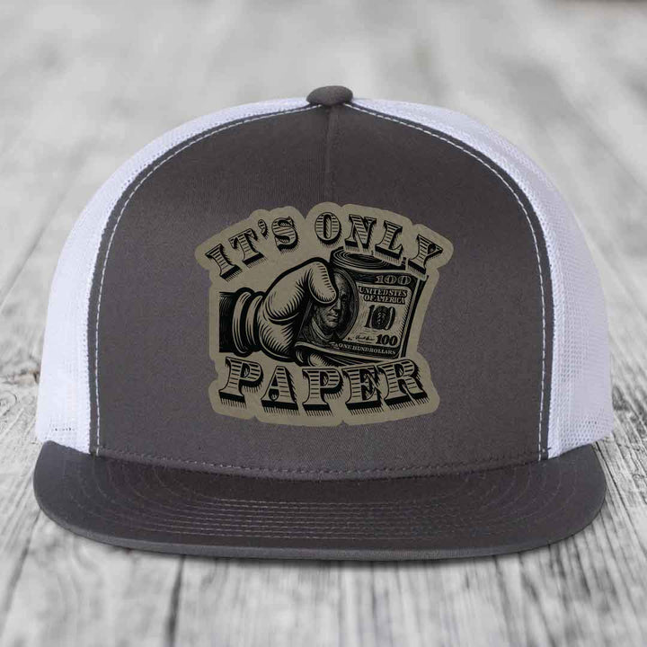 Its Only Paper - Leather Patch Hat - Light Brown to Black Patch - Yupoong 6006 Snapback Flatbill Hat