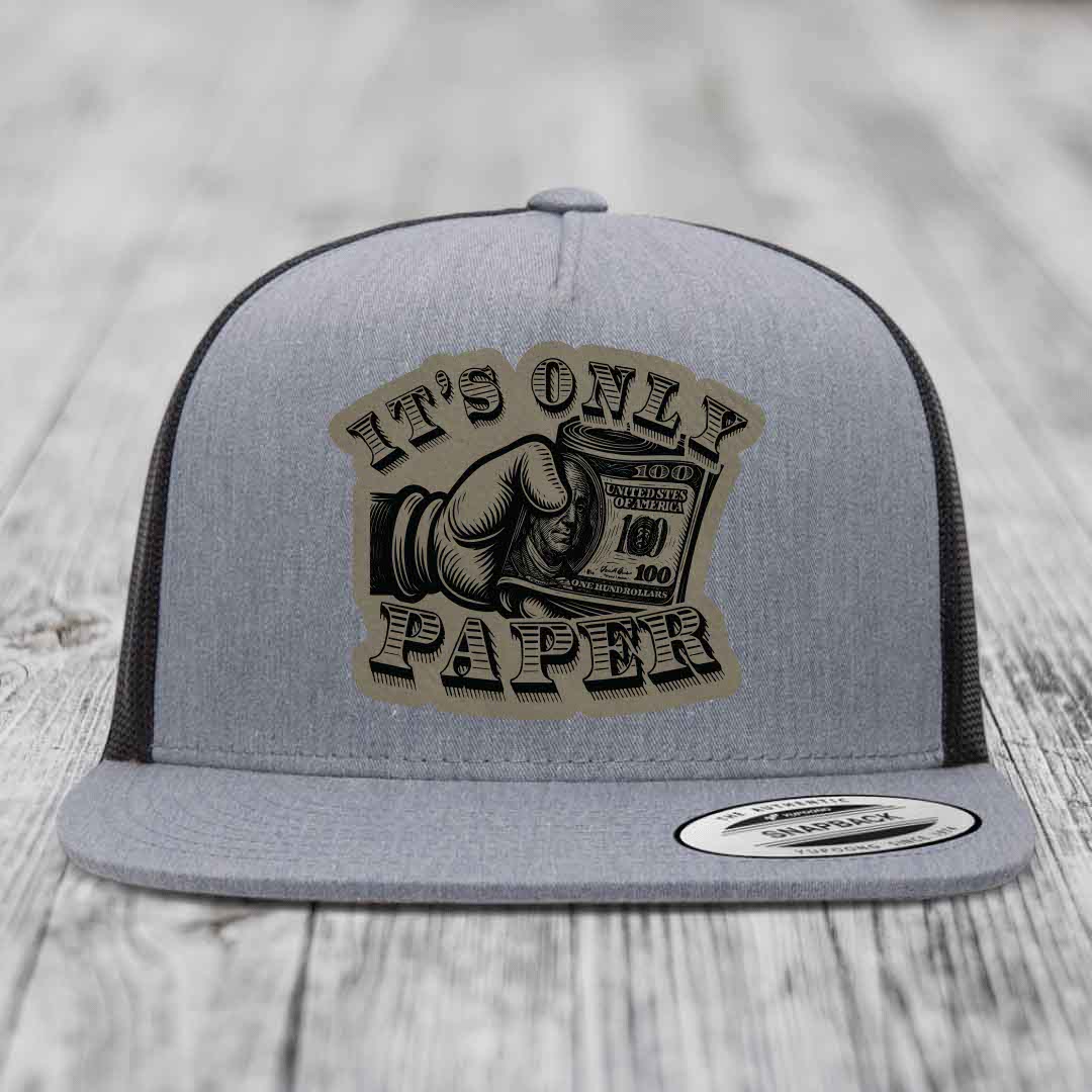 Its Only Paper - Leather Patch Hat - Light Brown to Black Patch - Yupoong 6006 Snapback Flatbill Hat