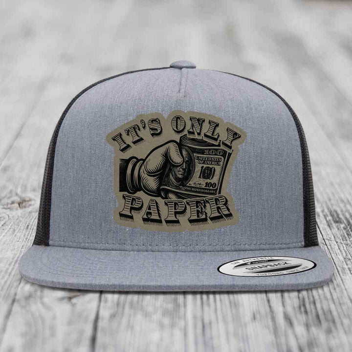 Its Only Paper - Leather Patch Hat - Light Brown to Black Patch - Yupoong 6006 Snapback Flatbill Hat