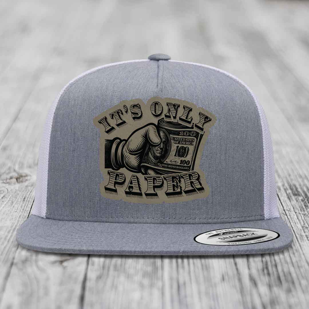 Its Only Paper - Leather Patch Hat - Light Brown to Black Patch - Yupoong 6006 Snapback Flatbill Hat
