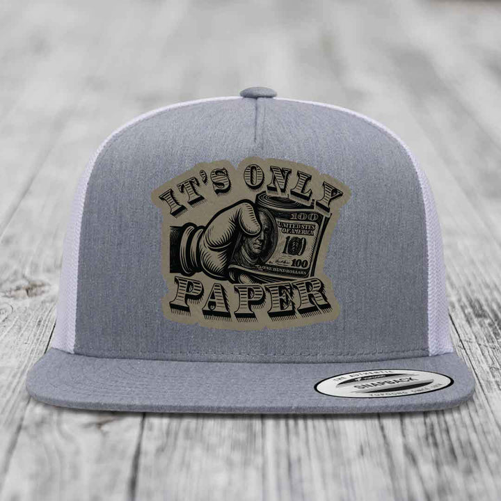 Its Only Paper - Leather Patch Hat - Light Brown to Black Patch - Yupoong 6006 Snapback Flatbill Hat