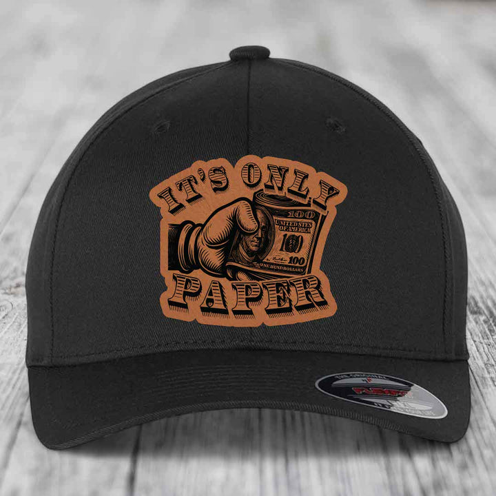 Its Only Paper - Leather Patch Hat - Rawhide to Black Patch - Flexfit 6277 Fitted Hat
