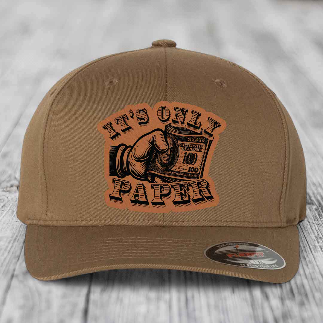 Its Only Paper - Leather Patch Hat - Rawhide to Black Patch - Flexfit 6277 Fitted Hat
