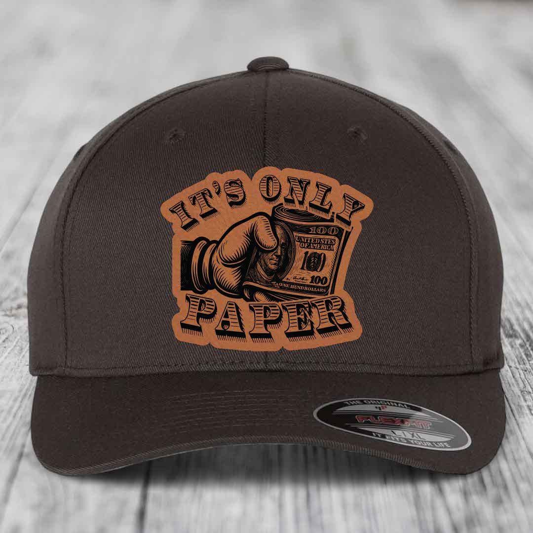 Its Only Paper - Leather Patch Hat - Rawhide to Black Patch - Flexfit 6277 Fitted Hat