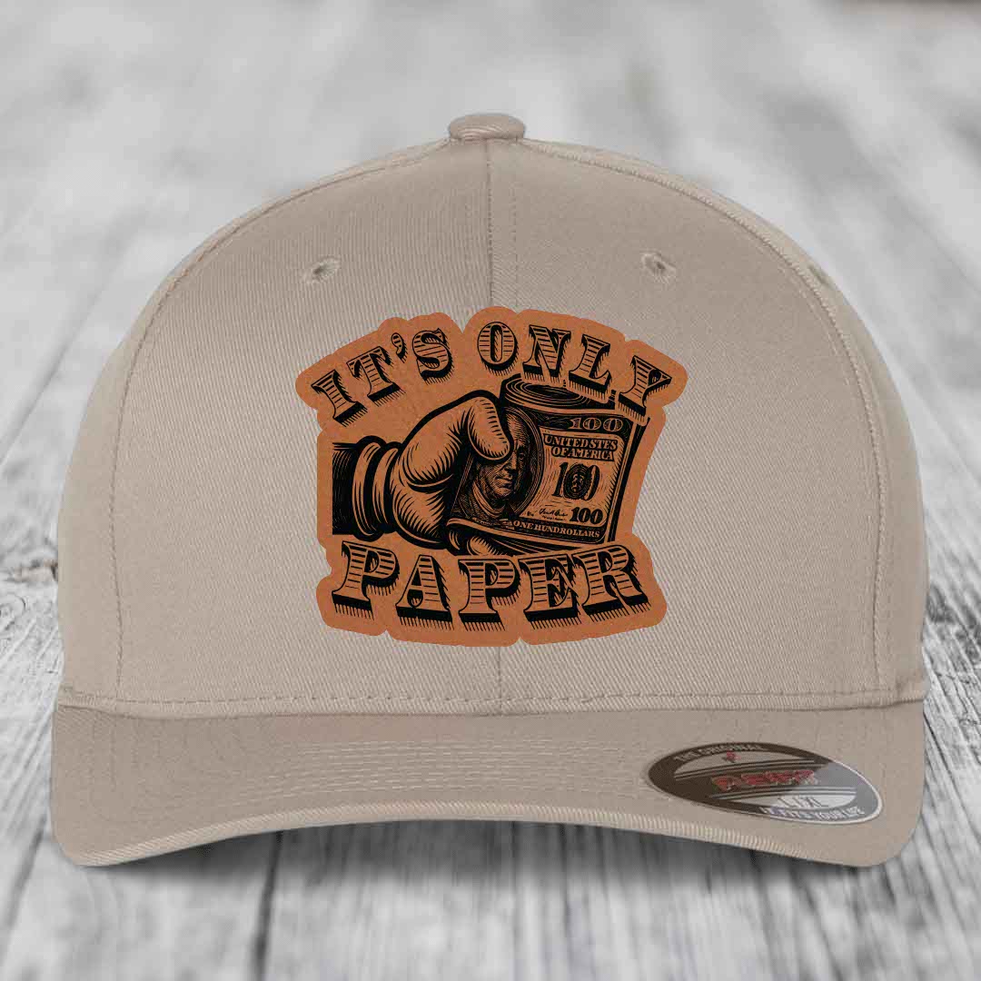 Its Only Paper - Leather Patch Hat - Rawhide to Black Patch - Flexfit 6277 Fitted Hat