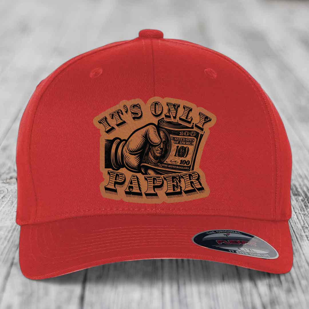 Its Only Paper - Leather Patch Hat - Rawhide to Black Patch - Flexfit 6277 Fitted Hat