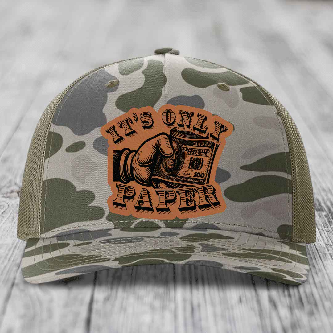 Its Only Paper - Leather Patch Hat - Rawhide to Black Patch - Richardson 112PFP Snapback Trucker Hat