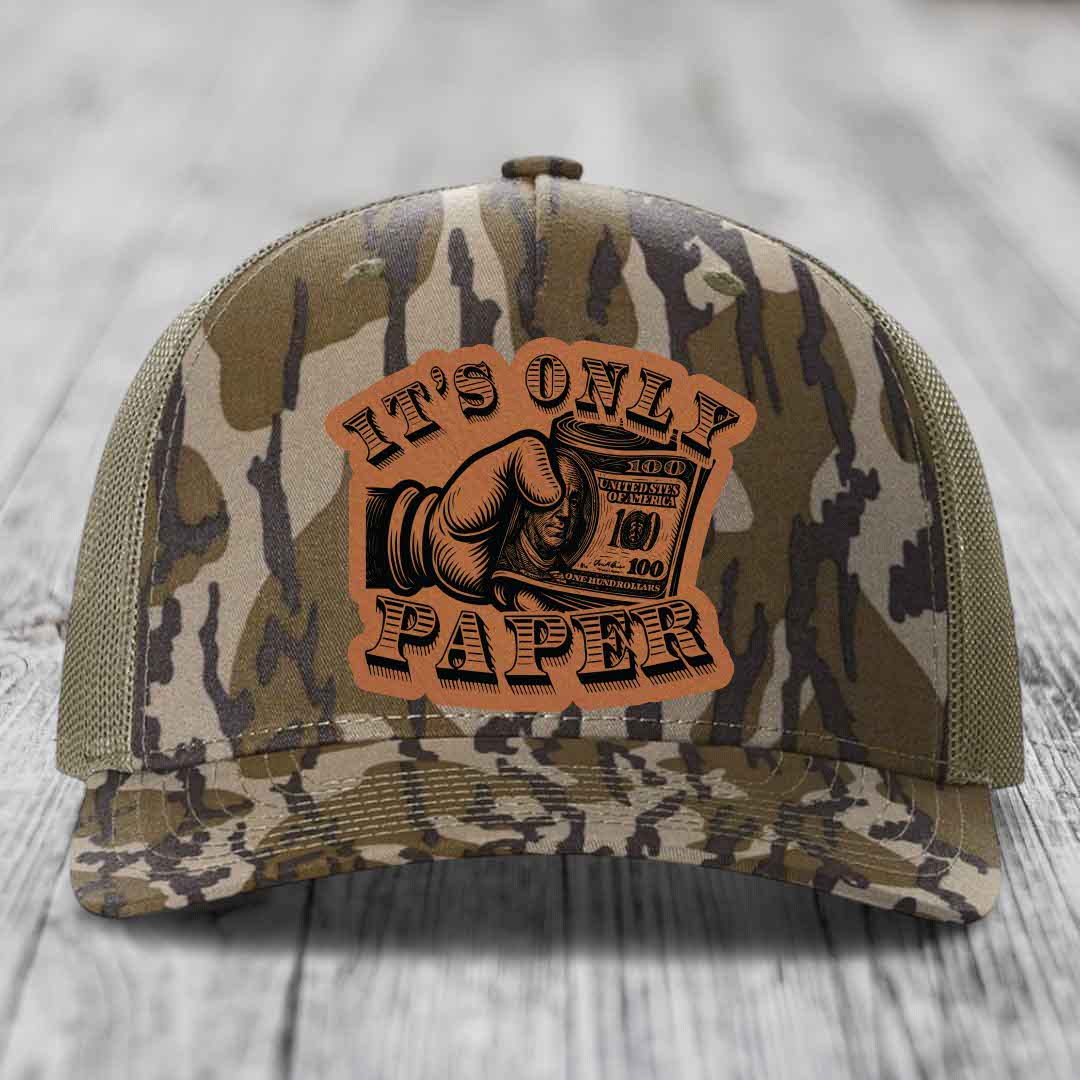 Its Only Paper - Leather Patch Hat - Rawhide to Black Patch - Richardson 112PFP Snapback Trucker Hat