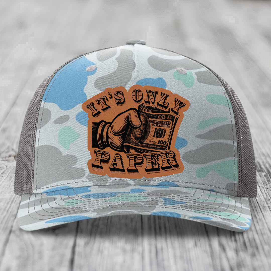 Its Only Paper - Leather Patch Hat - Rawhide to Black Patch - Richardson 112PFP Snapback Trucker Hat