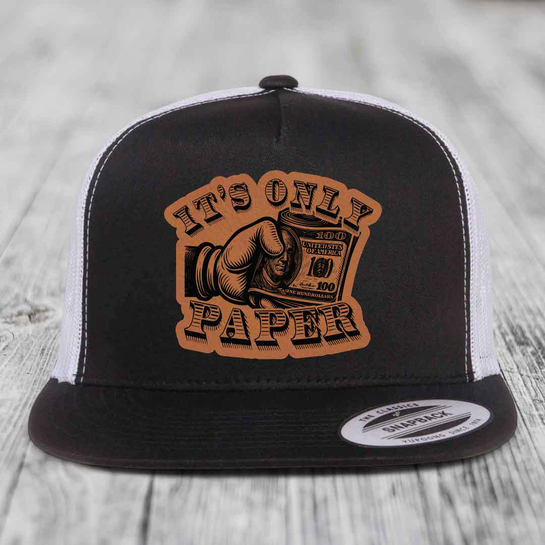 Its Only Paper - Leather Patch Hat - Rawhide to Black Patch - Yupoong 6006 Snapback Flatbill Hat