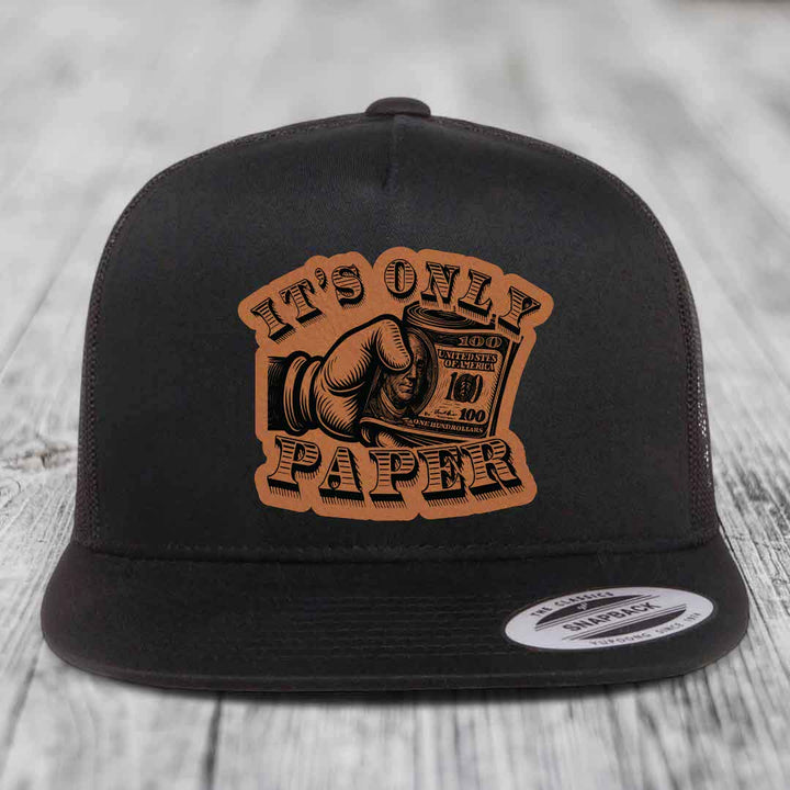 Its Only Paper - Leather Patch Hat - Rawhide to Black Patch - Yupoong 6006 Snapback Flatbill Hat