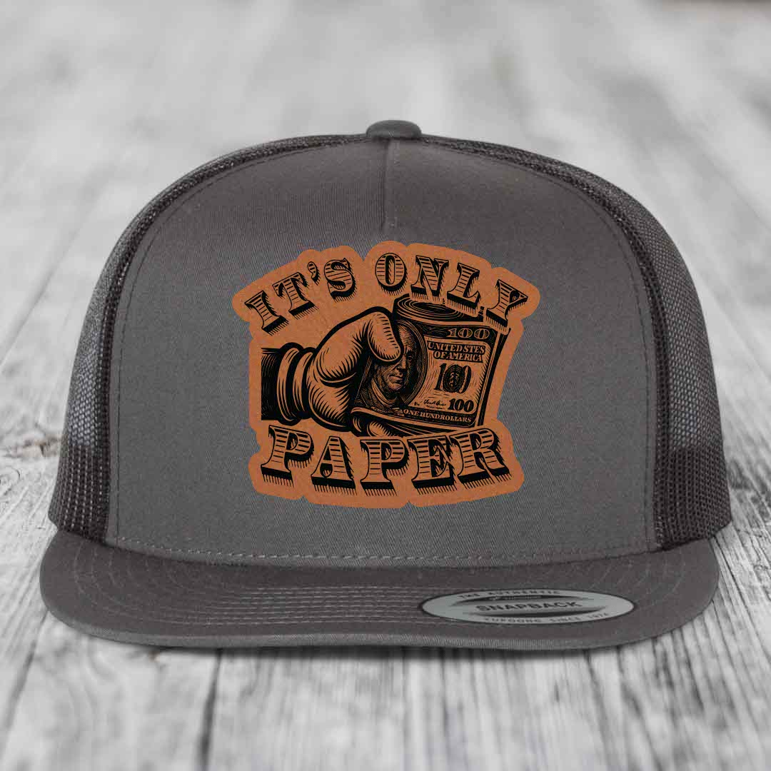 Its Only Paper - Leather Patch Hat - Rawhide to Black Patch - Yupoong 6006 Snapback Flatbill Hat