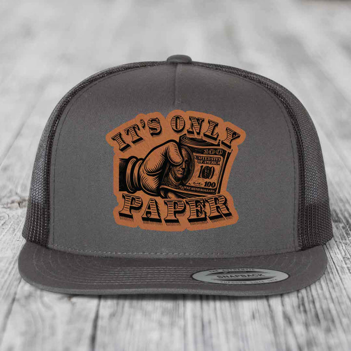 Its Only Paper - Leather Patch Hat - Rawhide to Black Patch - Yupoong 6006 Snapback Flatbill Hat