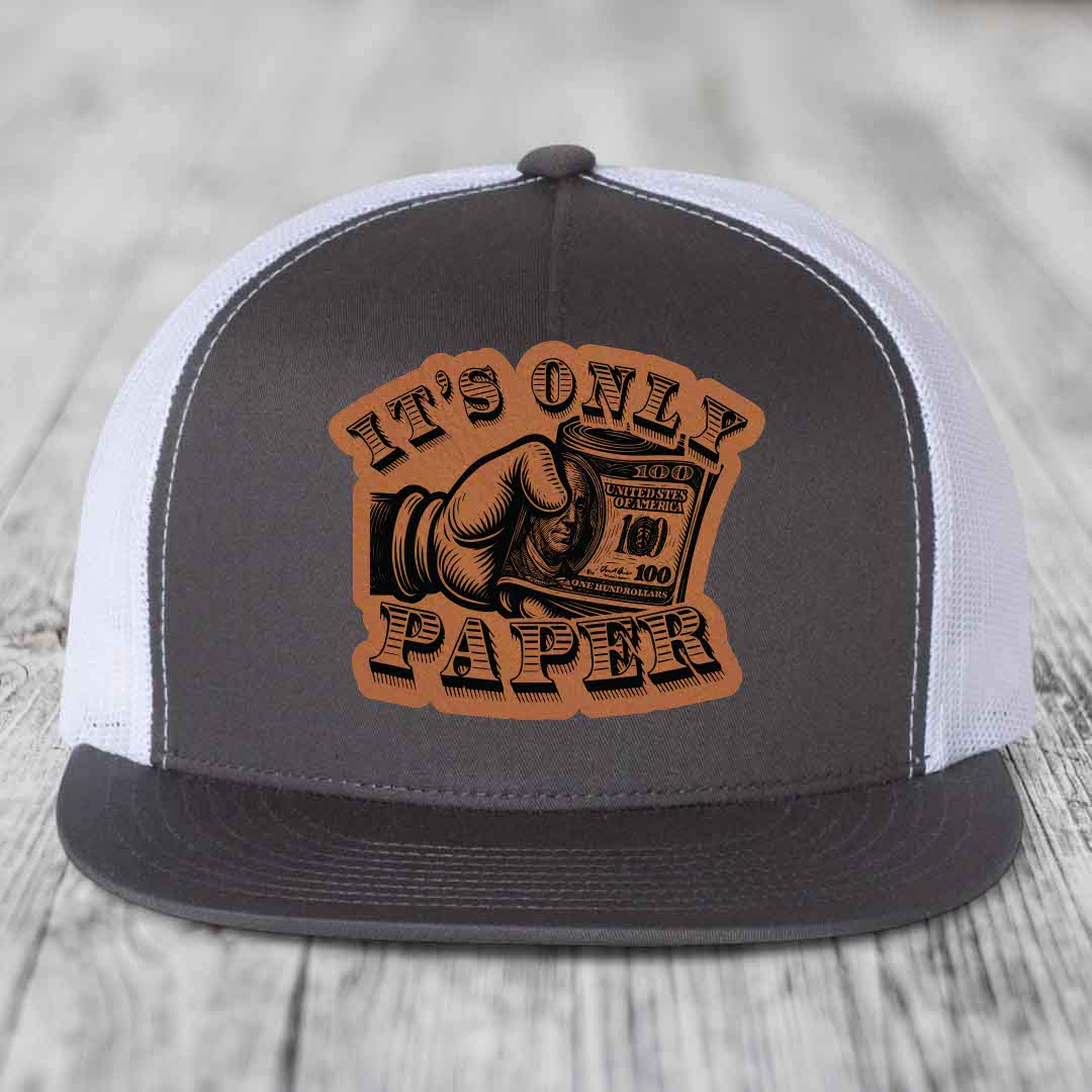 Its Only Paper - Leather Patch Hat - Rawhide to Black Patch - Yupoong 6006 Snapback Flatbill Hat