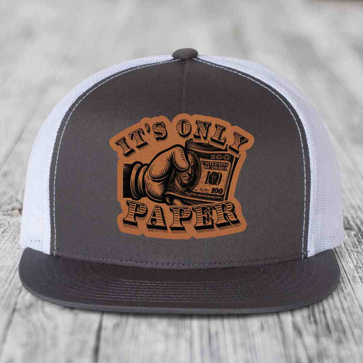 Its Only Paper - Leather Patch Hat - Rawhide to Black Patch - Yupoong 6006 Snapback Flatbill Hat