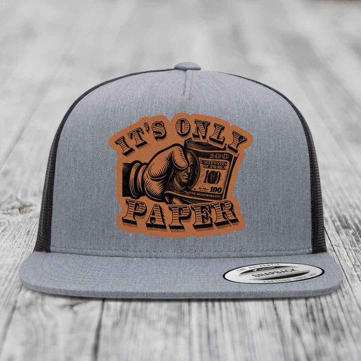 Its Only Paper - Leather Patch Hat - Rawhide to Black Patch - Yupoong 6006 Snapback Flatbill Hat