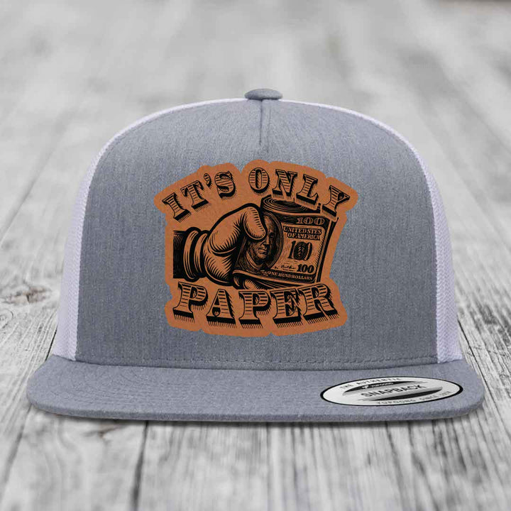 Its Only Paper - Leather Patch Hat - Rawhide to Black Patch - Yupoong 6006 Snapback Flatbill Hat