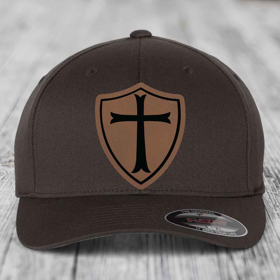 Knights Templar - Leather Patch Hat - Dark Brown to Black Patch - Flexfit 6277 Fitted Hat
