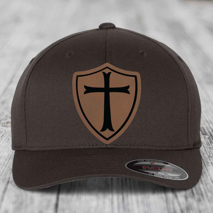 Knights Templar - Leather Patch Hat - Dark Brown to Black Patch - Flexfit 6277 Fitted Hat