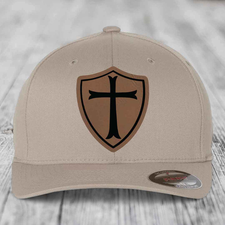 Knights Templar - Leather Patch Hat - Dark Brown to Black Patch - Flexfit 6277 Fitted Hat