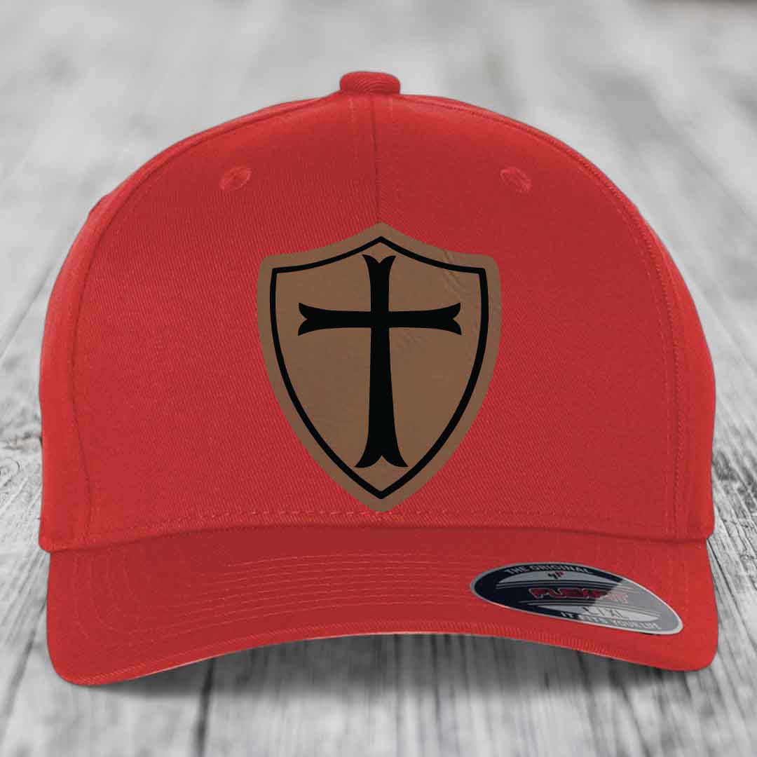 Knights Templar - Leather Patch Hat - Dark Brown to Black Patch - Flexfit 6277 Fitted Hat