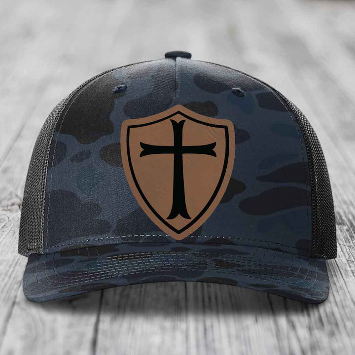 Knights Templar - Leather Patch Hat - Dark Brown to Black Patch - Richardson 112PFP Snapback Trucker Hat