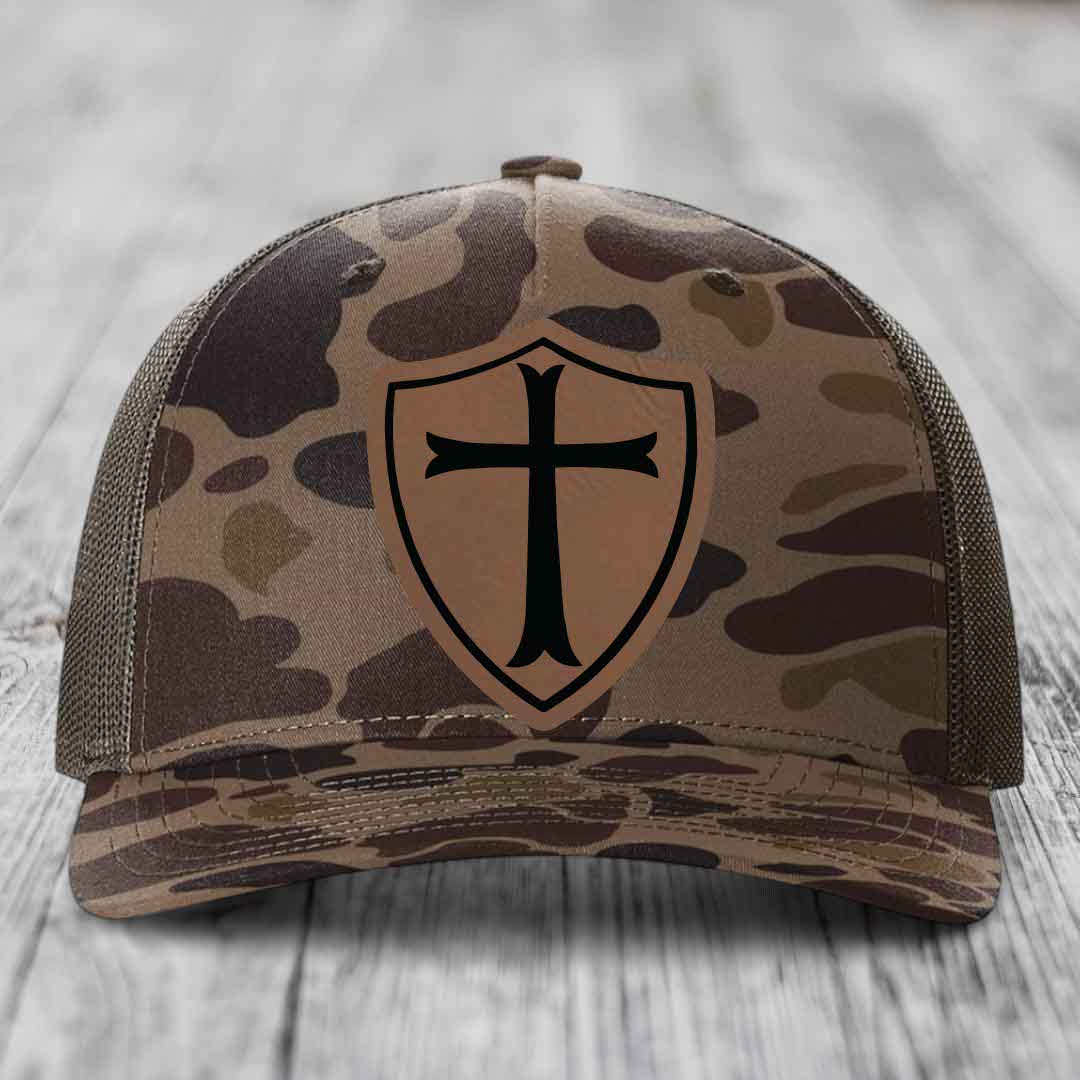 Knights Templar - Leather Patch Hat - Dark Brown to Black Patch - Richardson 112PFP Snapback Trucker Hat
