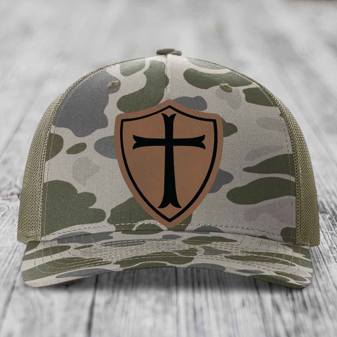 Knights Templar - Leather Patch Hat - Dark Brown to Black Patch - Richardson 112PFP Snapback Trucker Hat