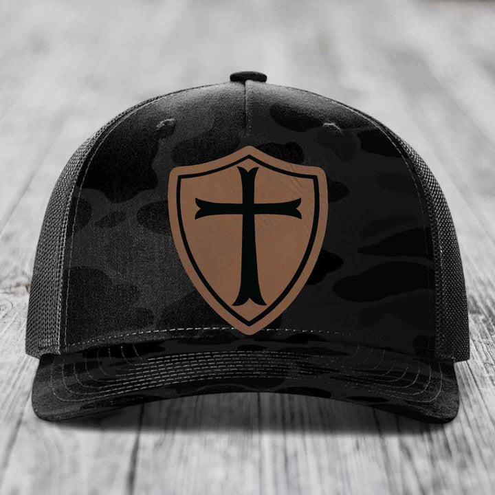 Knights Templar - Leather Patch Hat - Dark Brown to Black Patch - Richardson 112PFP Snapback Trucker Hat