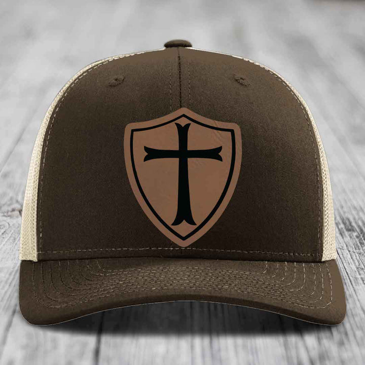 Knights Templar - Leather Patch Hat - Dark Brown to Black Patch - Richardson 112 Snapback Trucker Hat