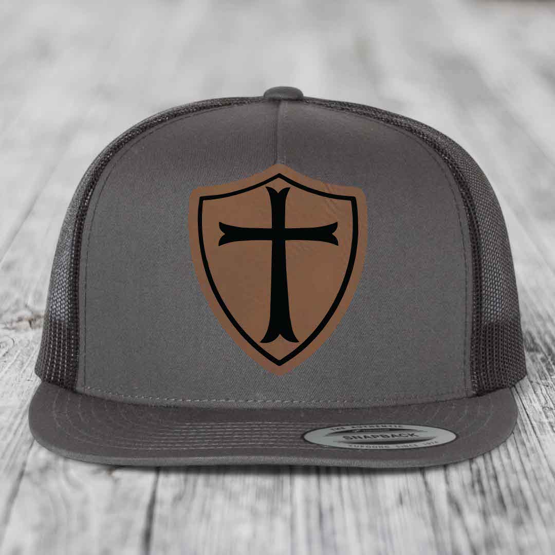 Knights Templar - Leather Patch Hat - Dark Brown to Black Patch - Yupoong 6006 Snapback Flatbill Hat