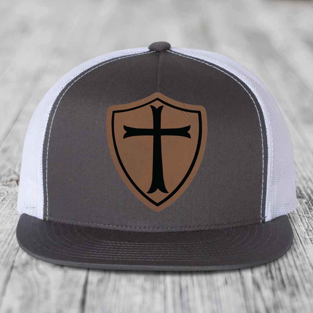 Knights Templar - Leather Patch Hat - Dark Brown to Black Patch - Yupoong 6006 Snapback Flatbill Hat