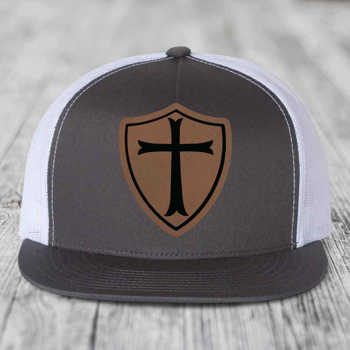 Knights Templar - Leather Patch Hat - Dark Brown to Black Patch - Yupoong 6006 Snapback Flatbill Hat