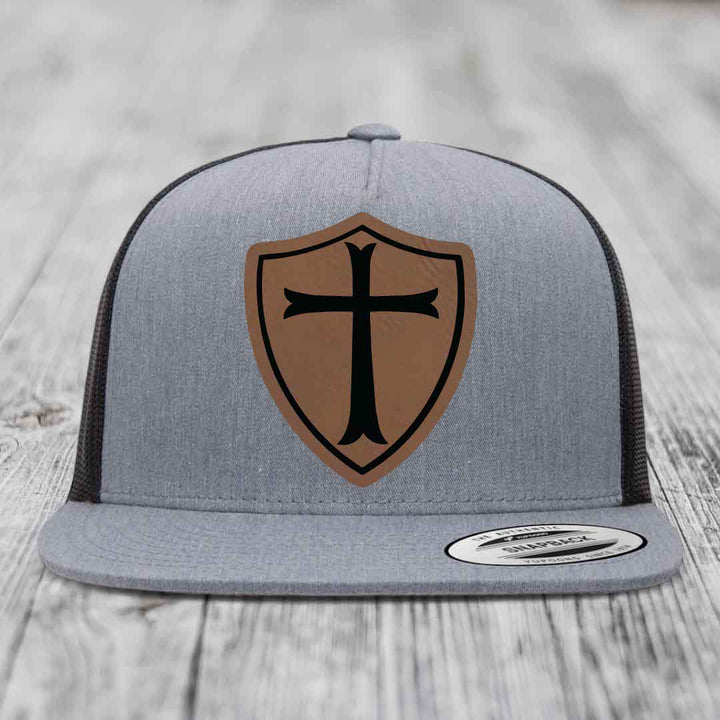 Knights Templar - Leather Patch Hat - Dark Brown to Black Patch - Yupoong 6006 Snapback Flatbill Hat